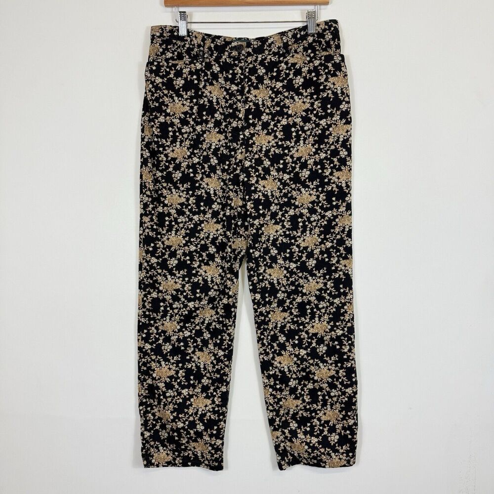 Lauren Ralph Lauren Floral Pants Women 12 Black Tan Ditsy Cottage Grandma Preppy